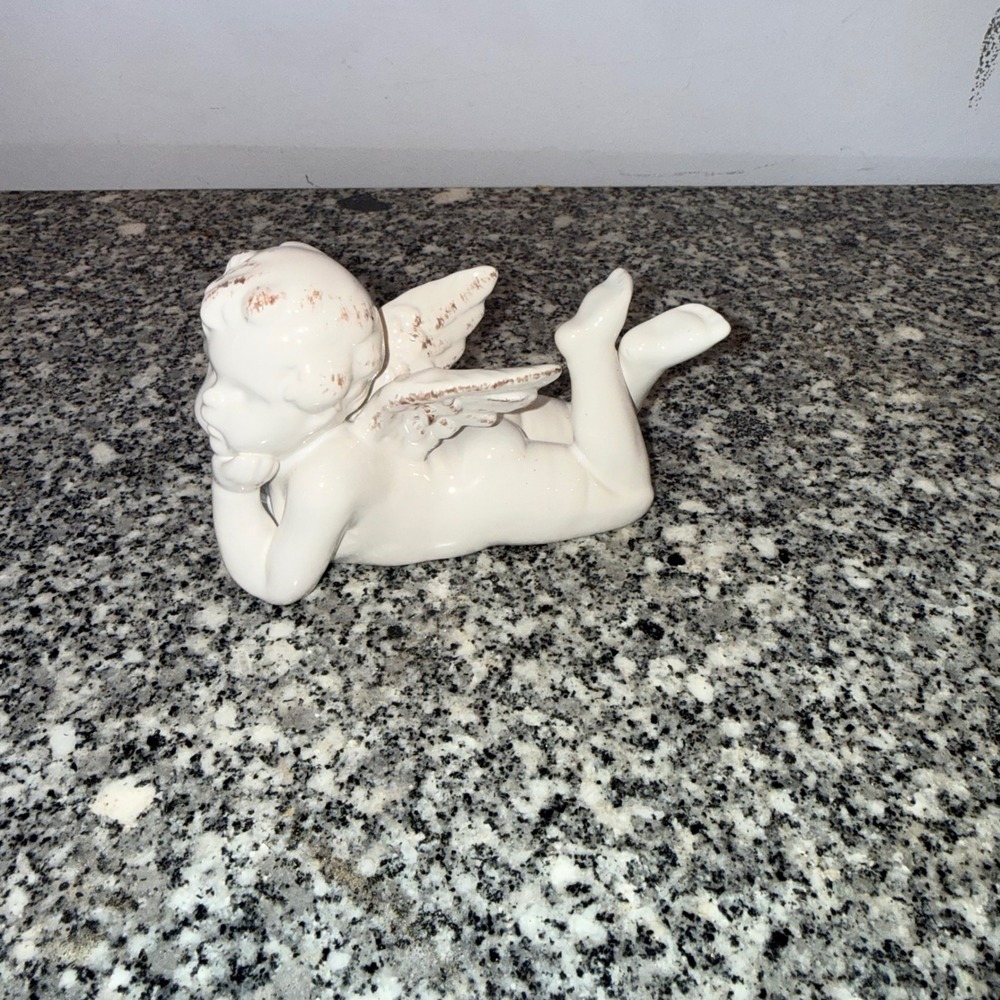 Tumbleweed Pottery Stephanie Daniel Cherub Angel Figurine White Gold Ceramic‎